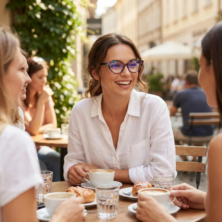 Lentes ópticos Hamburgo Mosaico mujer en café con amigas ambiente social Bonoboss #editorial_lifestyle1 #color_mosaico