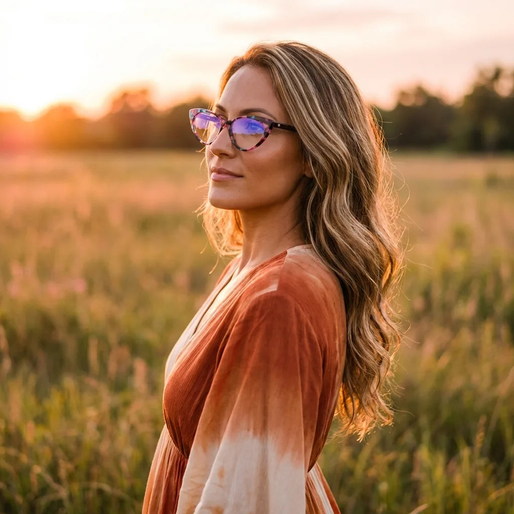 Lentes ópticos Hamburgo Mosaico mujer en luz dorada golden hour elegante Bonoboss #editorial_lifestyle2 #color_mosaico