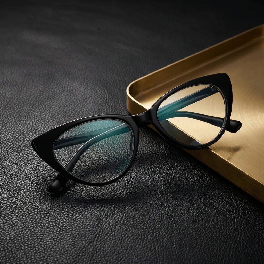 Lentes ópticos Hamburgo Negro sobre cuero negro con detalle brass dorado calidad premium receta Bonoboss #editorial_banner_confianza #color_negro