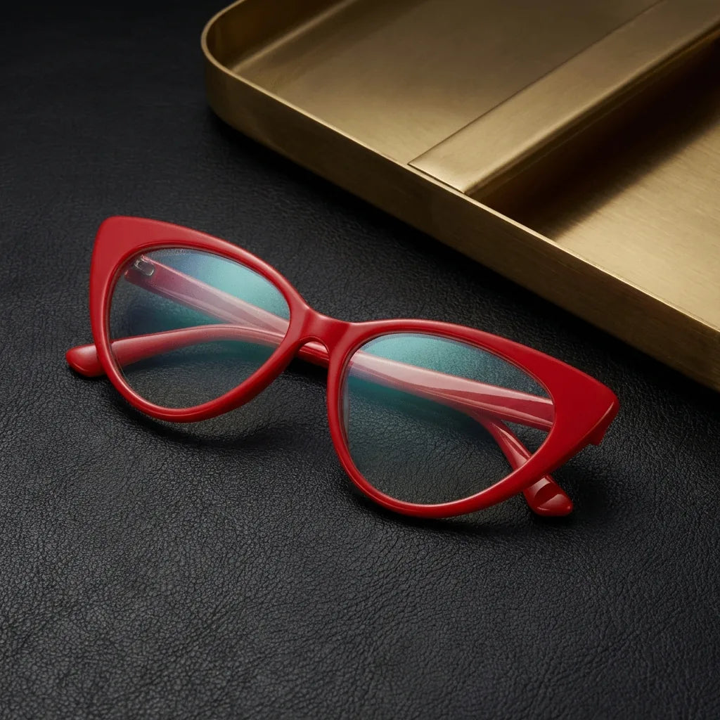 Lentes ópticos Hamburgo Rojo sobre cuero negro con detalle brass dorado calidad premium receta Bonoboss #editorial_banner_confianza #color_rojo