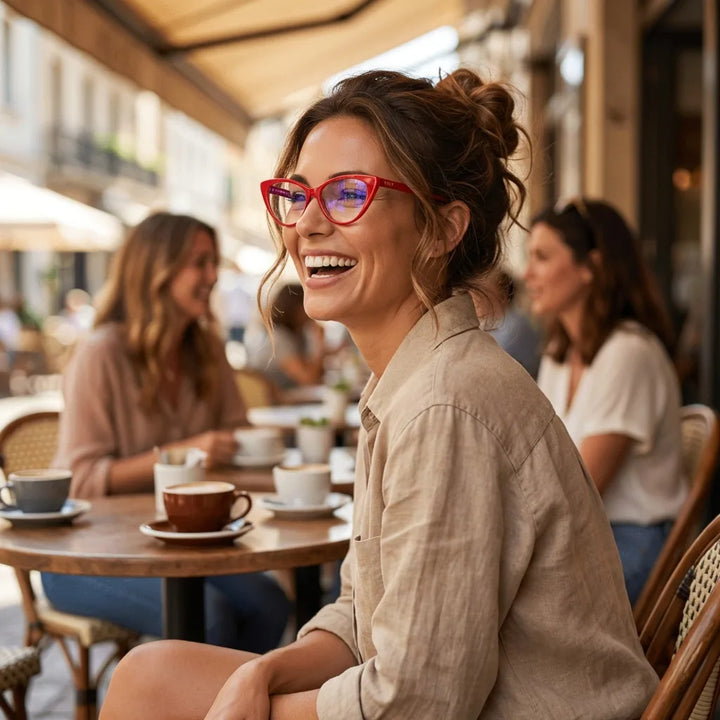 Lentes ópticos Hamburgo Rojo mujer en café con amigas ambiente social Bonoboss #editorial_lifestyle1 #color_rojo