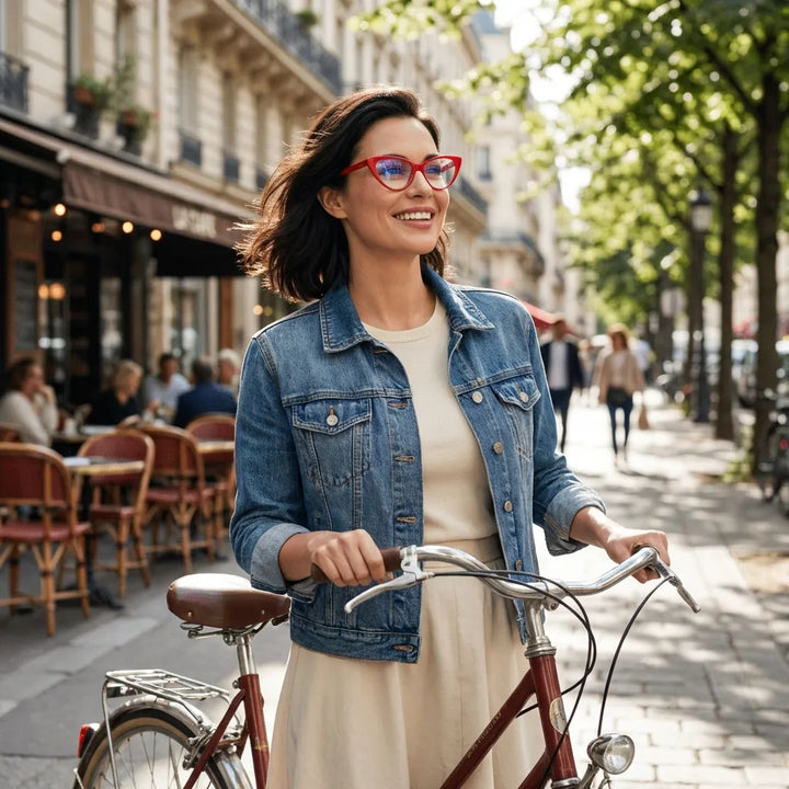 Lentes ópticos Hamburgo Rojo mujer en bicicleta vintage café urbano Bonoboss #editorial_lifestyle3 #color_rojo
