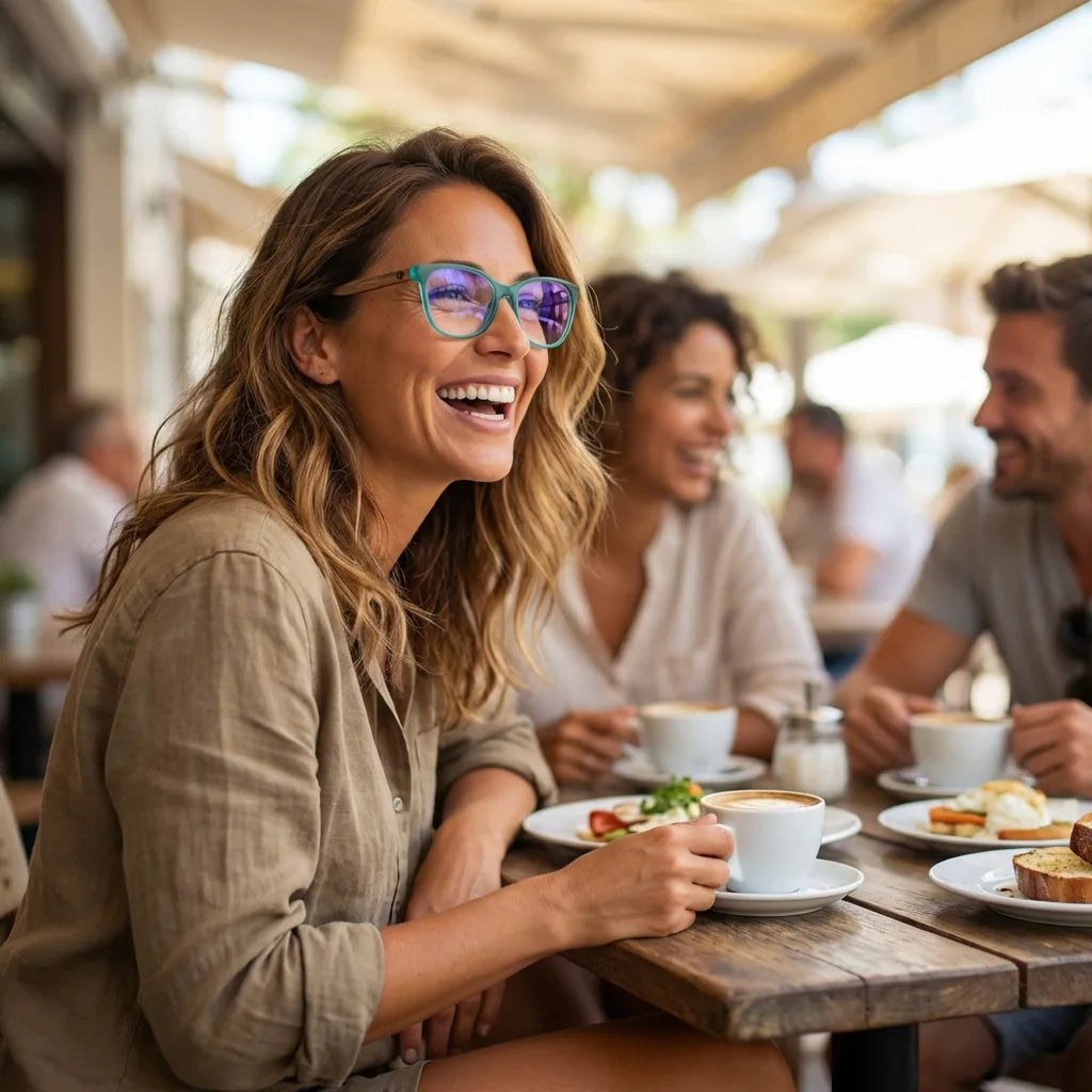 Lentes ópticos Hanga Roa Calipso mujer en café con amigas ambiente social Bonoboss #editorial_lifestyle1 #color_calipso