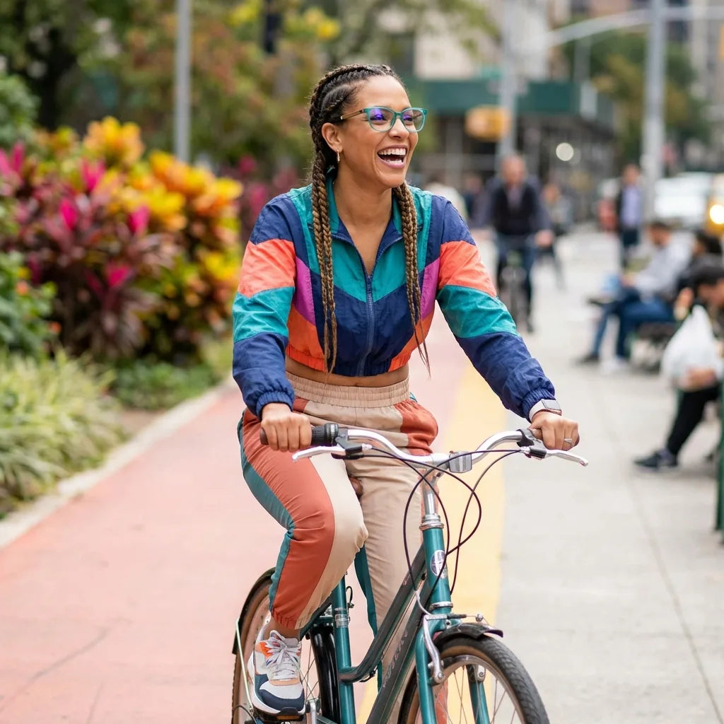 Lentes ópticos Hanga Roa Calipso mujer ciclista urbana estilo café Bonoboss #editorial_lifestyle4 #color_calipso