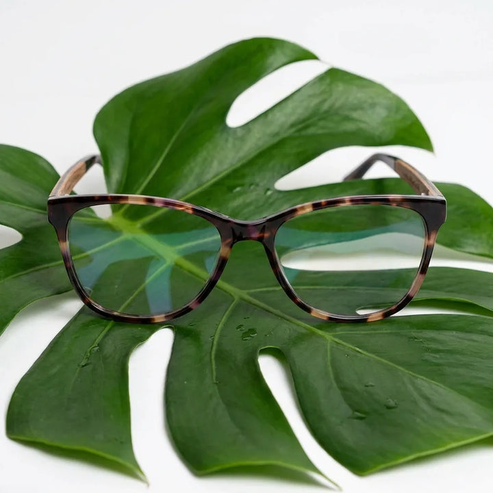 Lentes ópticos Hanga Roa Carey entre hojas botánicas naturales diseño sustentable Bonoboss #editorial_sustentabilidad #color_carey