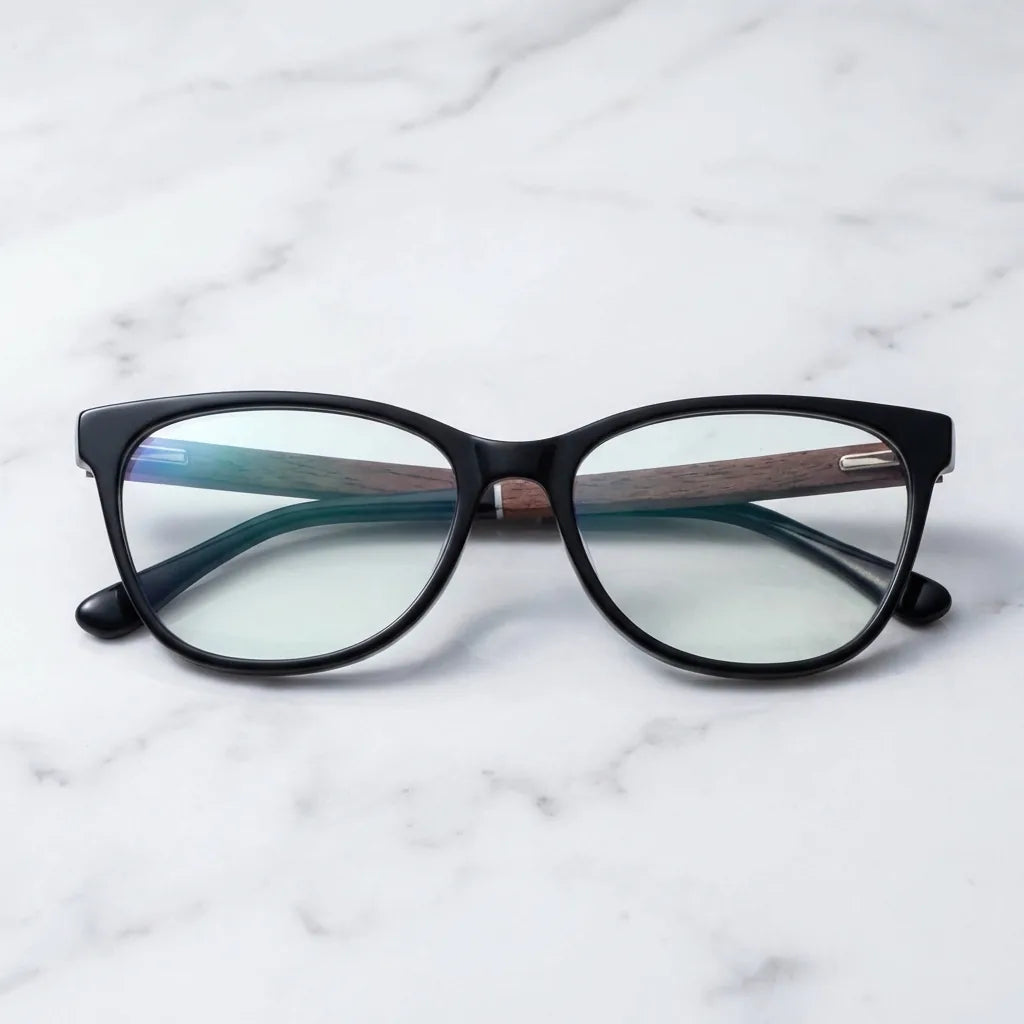 Lentes ópticos Hanga Roa Negro sobre mármol blanco elegante armazón premium Bonoboss #editorial_armazon #color_negro