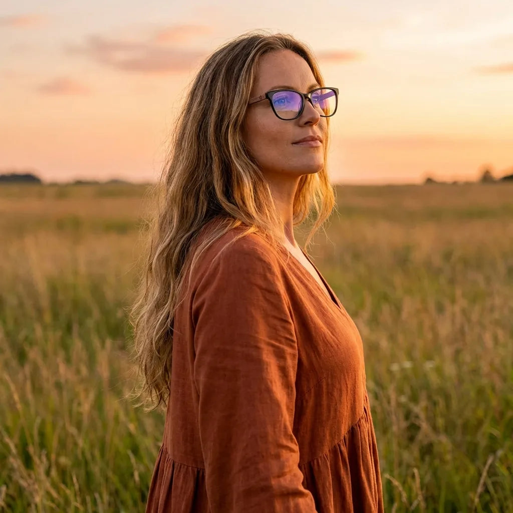 Lentes ópticos Hanga Roa Negro mujer en luz dorada golden hour elegante Bonoboss #editorial_lifestyle2 #color_negro