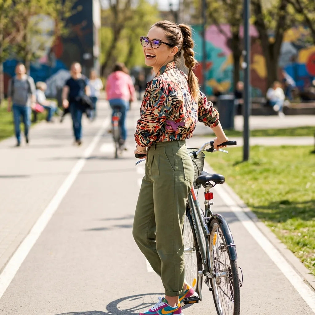 Lentes ópticos Helsinki Mosai mujer ciclista urbana estilo café Bonoboss #editorial_lifestyle4 #color_mosai
