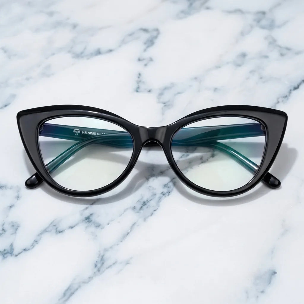 Lentes ópticos Helsinki Negro sobre mármol blanco elegante calidad premium receta Bonoboss #editorial_banner_confianza #color_negro
