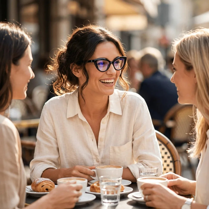 Lentes ópticos Helsinki Negro mujer en café con amigas ambiente social Bonoboss #editorial_lifestyle1 #color_negro
