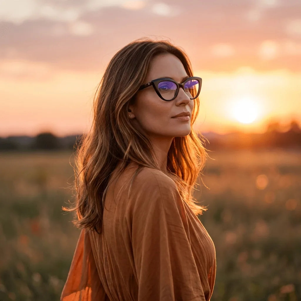 Lentes ópticos Helsinki Negro mujer en luz dorada golden hour elegante Bonoboss #editorial_lifestyle2 #color_negro