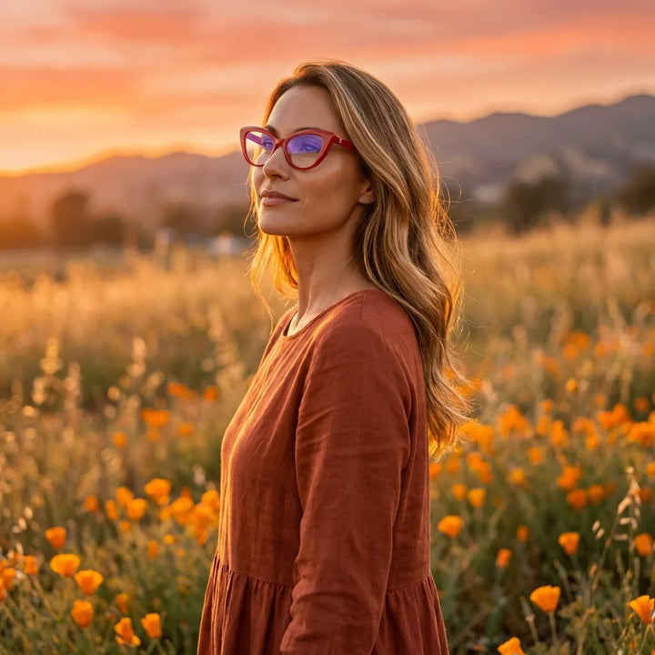 Lentes ópticos Helsinki Rojo mujer en luz dorada golden hour elegante Bonoboss #editorial_lifestyle2 #color_rojo