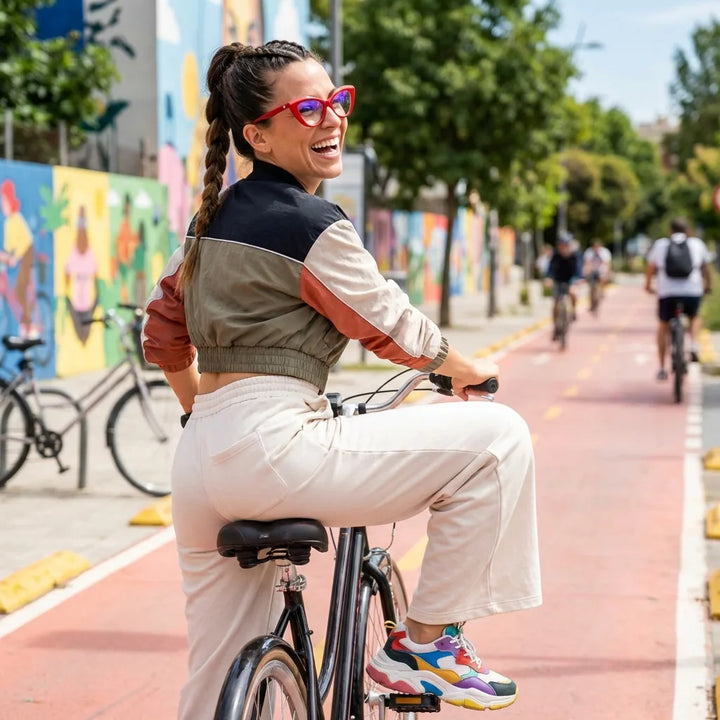 Lentes ópticos Helsinki Rojo mujer ciclista urbana estilo café Bonoboss #editorial_lifestyle4 #color_rojo
