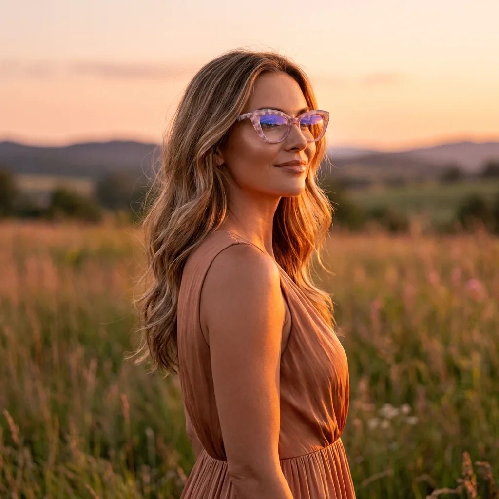 Lentes ópticos Helsinki Rosado mujer en luz dorada golden hour elegante Bonoboss #editorial_lifestyle2 #color_rosado