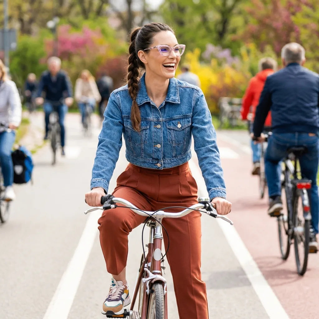 Lentes ópticos Helsinki Rosado mujer ciclista urbana estilo café Bonoboss #editorial_lifestyle4 #color_rosado