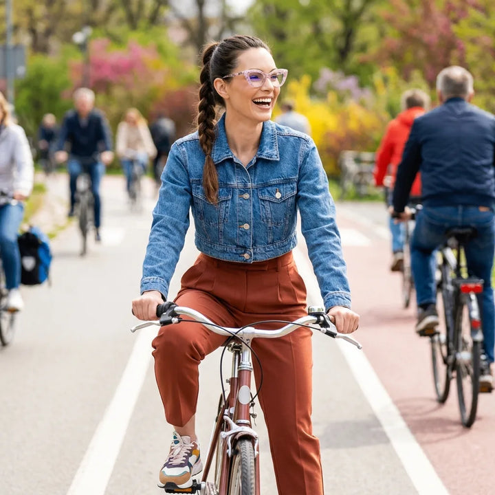 Lentes ópticos Helsinki Rosado mujer ciclista urbana estilo café Bonoboss #editorial_lifestyle4 #color_rosado