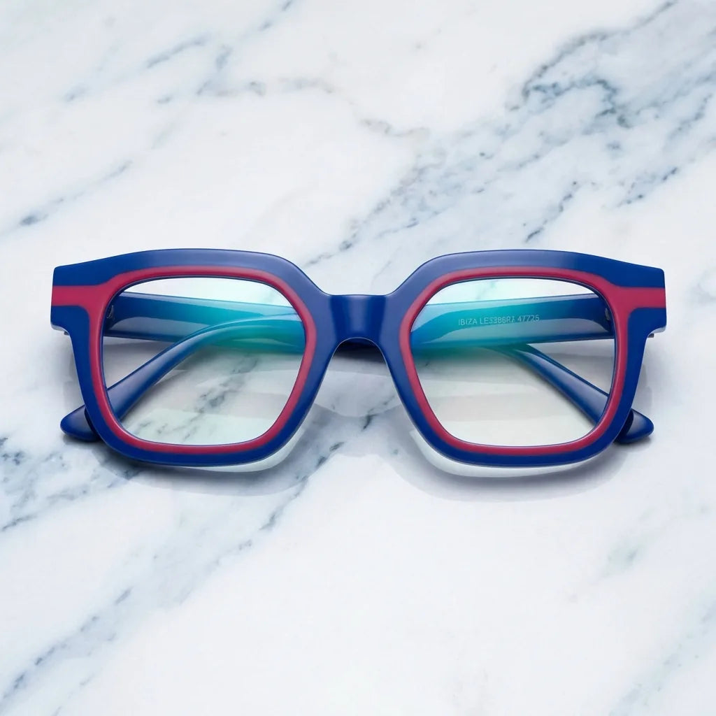 Lentes ópticos Ibiza Azul sobre mármol blanco elegante calidad premium receta Bonoboss #editorial_banner_confianza #color_azul