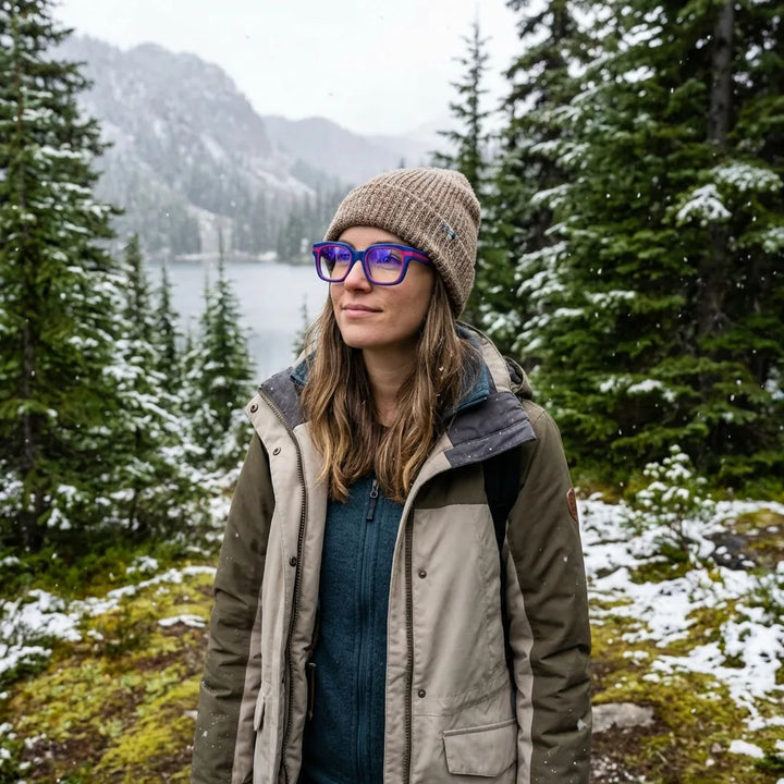 Lentes ópticos Ibiza Azul modelo con gorro en bosque nevado invernal Bonoboss #editorial_lifestyle1 #color_azul