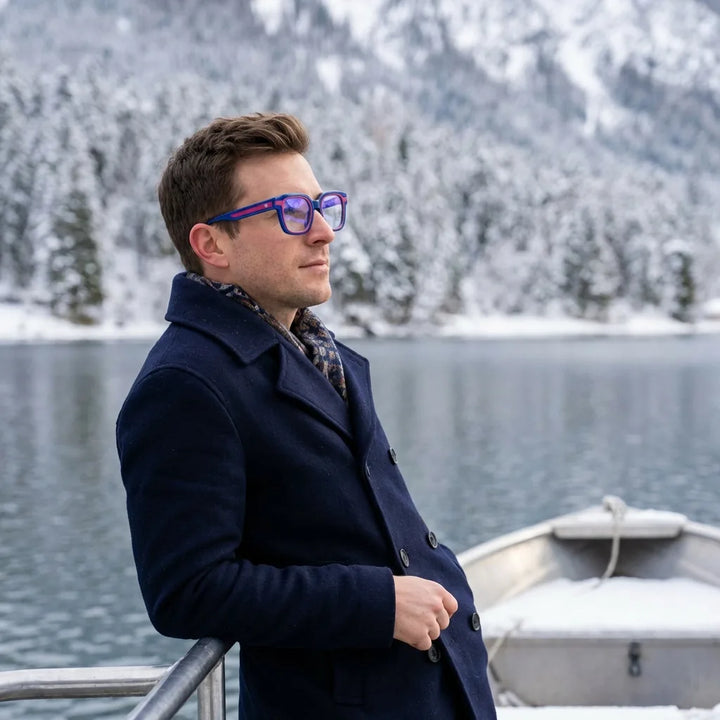 Lentes ópticos Ibiza Azul modelo en barco lago con bosque nevado Bonoboss #editorial_lifestyle2 #color_azul