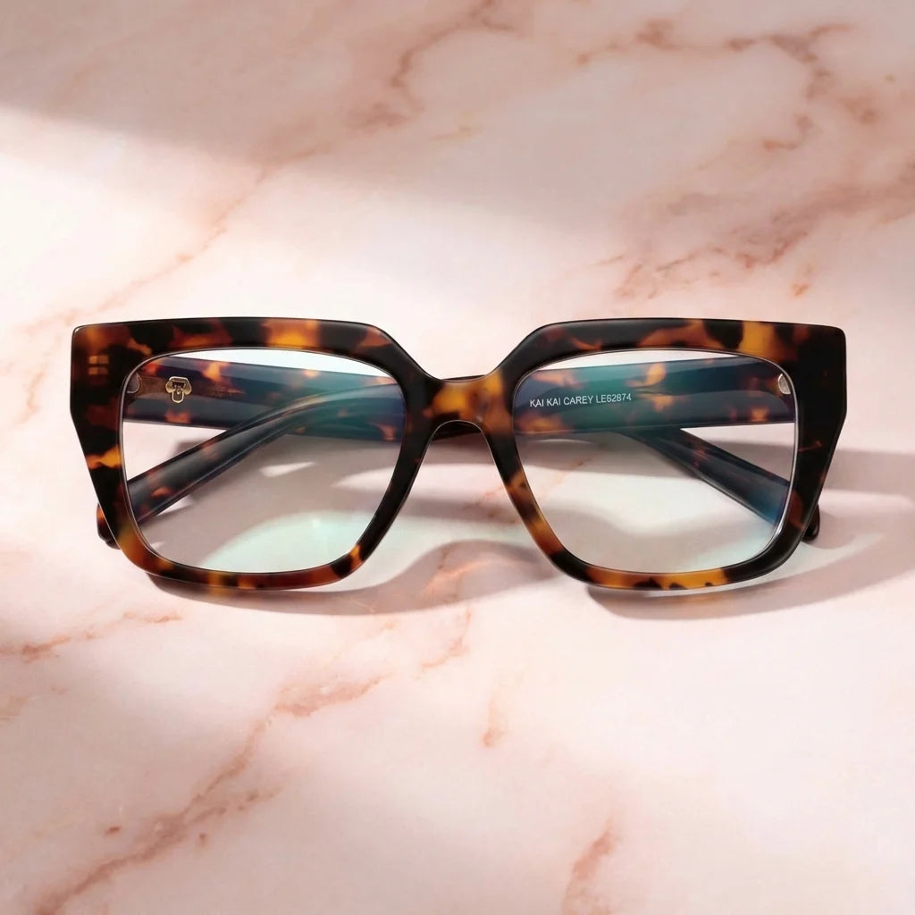 Lentes ópticos Kai Kai Carey sobre superficie premium calidad premium receta Bonoboss #editorial_banner_confianza #color_carey