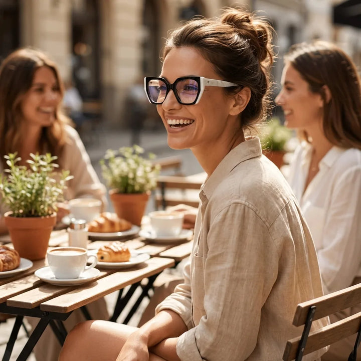 Lentes ópticos Kai Kai Negro mujer en café con amigas ambiente social Bonoboss #editorial_lifestyle1 #color_negro