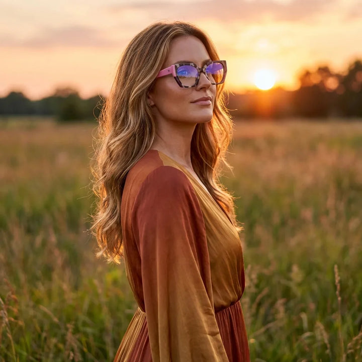 Lentes ópticos Kai Kai Pink mujer en luz dorada golden hour elegante Bonoboss #editorial_lifestyle1 #color_pink