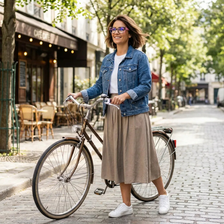 Lentes ópticos Kai Kai Pink mujer en bicicleta vintage café urbano Bonoboss #editorial_lifestyle2 #color_pink
