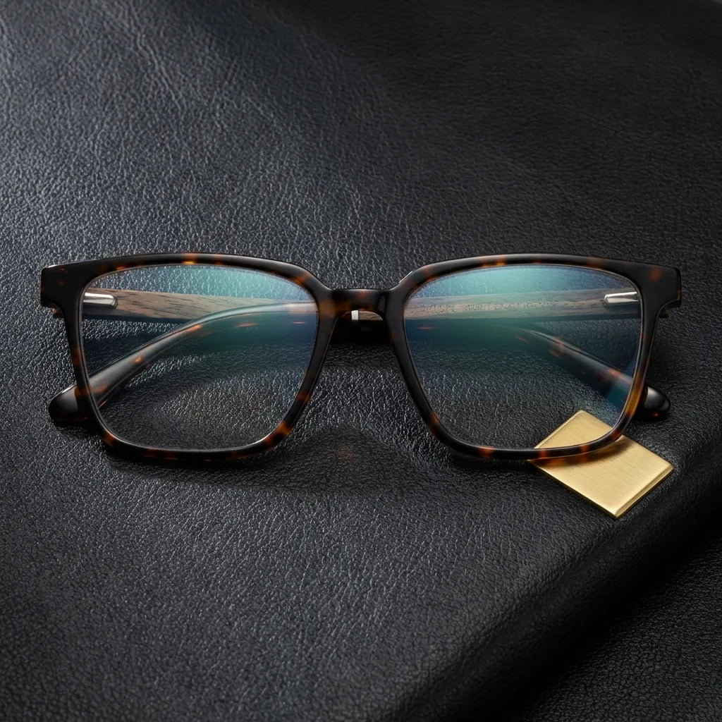 Lentes ópticos Kai Kai Carey sobre cuero negro con detalle brass dorado calidad premium receta Bonoboss #editorial_banner_confianza #color_carey