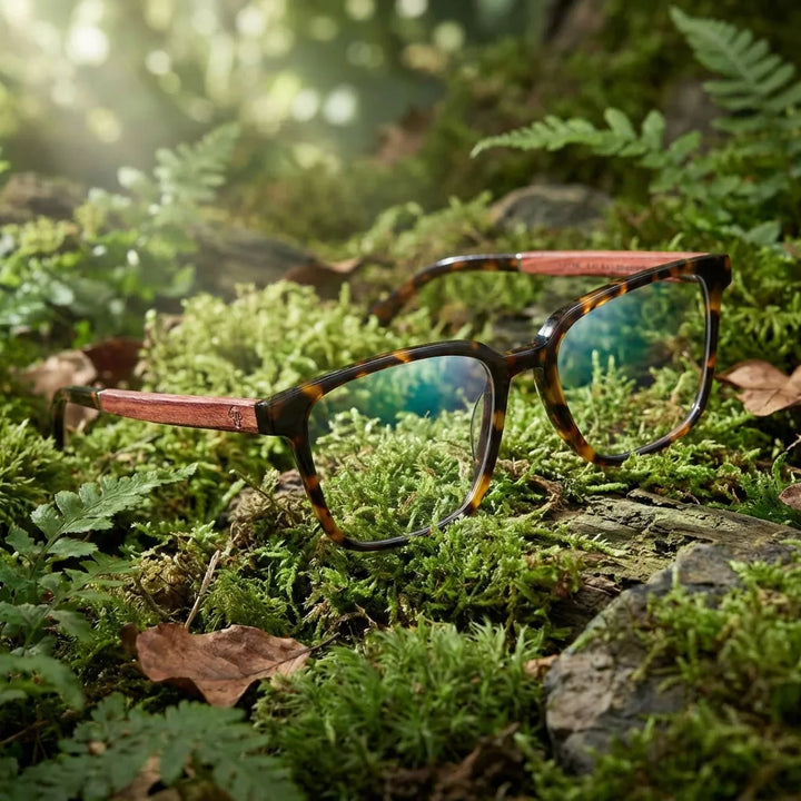 Lentes ópticos Kai Kai Marble en bosque verde natural diseño sustentable Bonoboss #editorial_sustentabilidad #color_marble