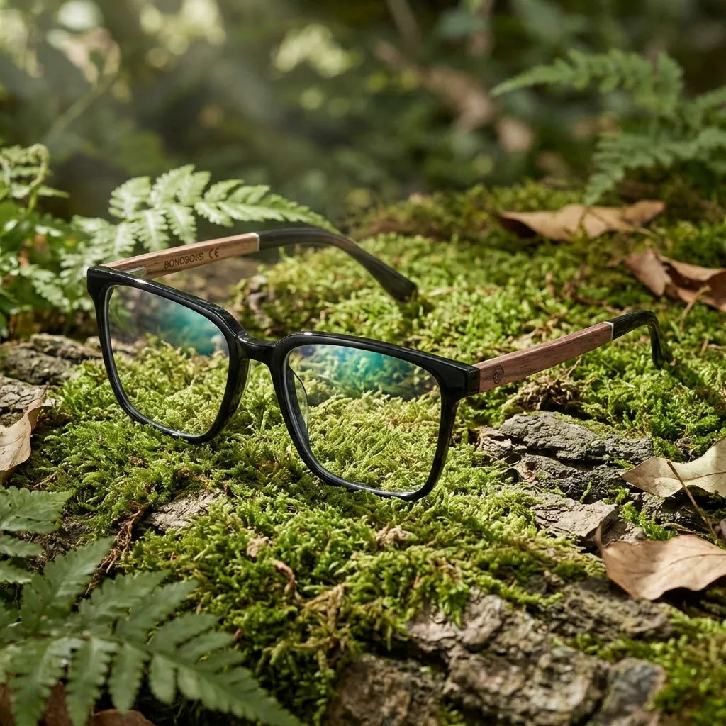 Lentes ópticos Kai Kai Negro en bosque verde natural diseño sustentable Bonoboss #editorial_sustentabilidad #color_negro