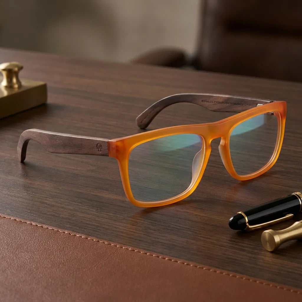 Lentes ópticos Lautaro sobre escritorio de madera premium calidad premium receta Bonoboss #editorial_banner_confianza #color_default