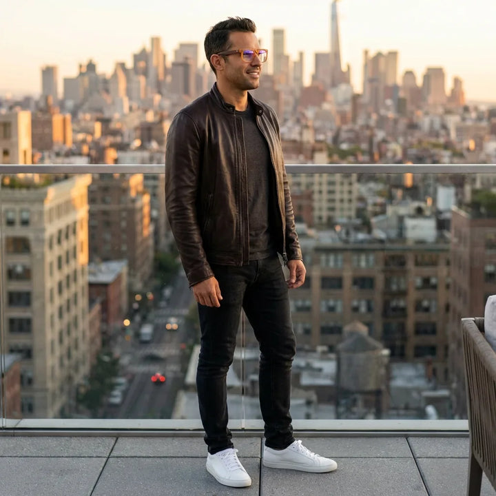 Lentes ópticos Lautaro hombre profesional en rooftop urbano atardecer Bonoboss #editorial_lifestyle1 #color_default
