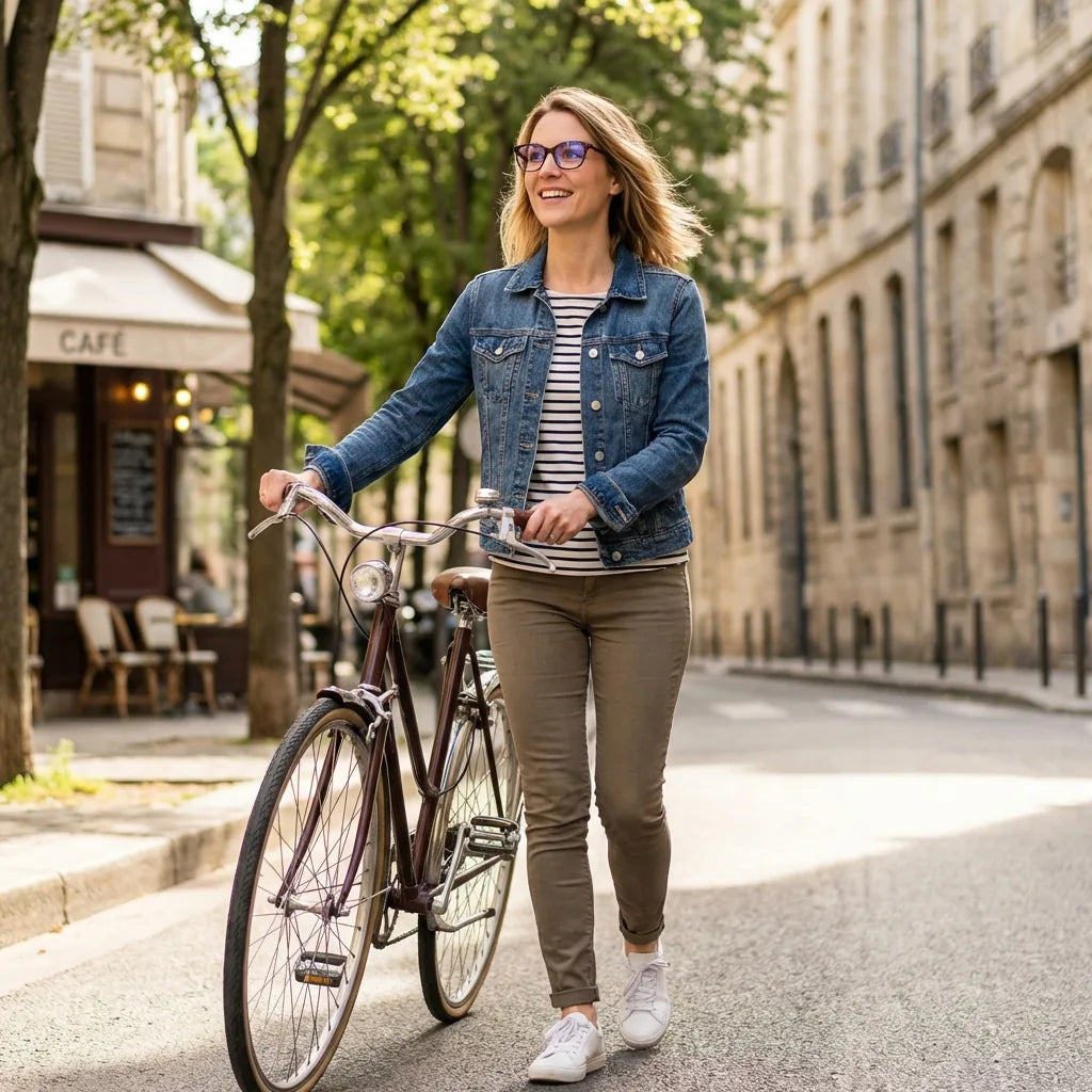Lentes ópticos Le183 Burdeo mujer en bicicleta vintage café urbano Bonoboss #editorial_lifestyle3 #color_burdeo