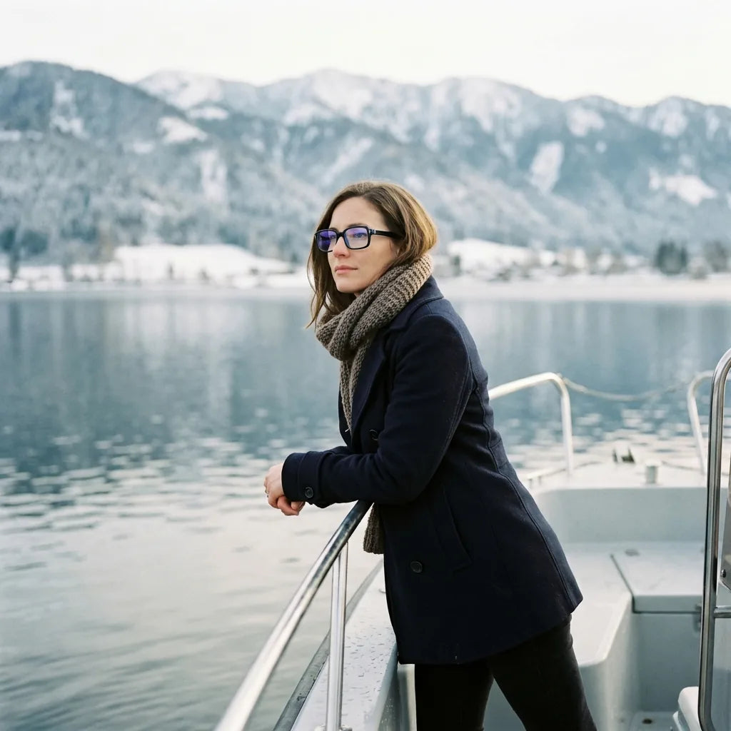 Lentes ópticos London Acetate Azul modelo en barco lago con bosque nevado Bonoboss #editorial_lifestyle2 #color_azul