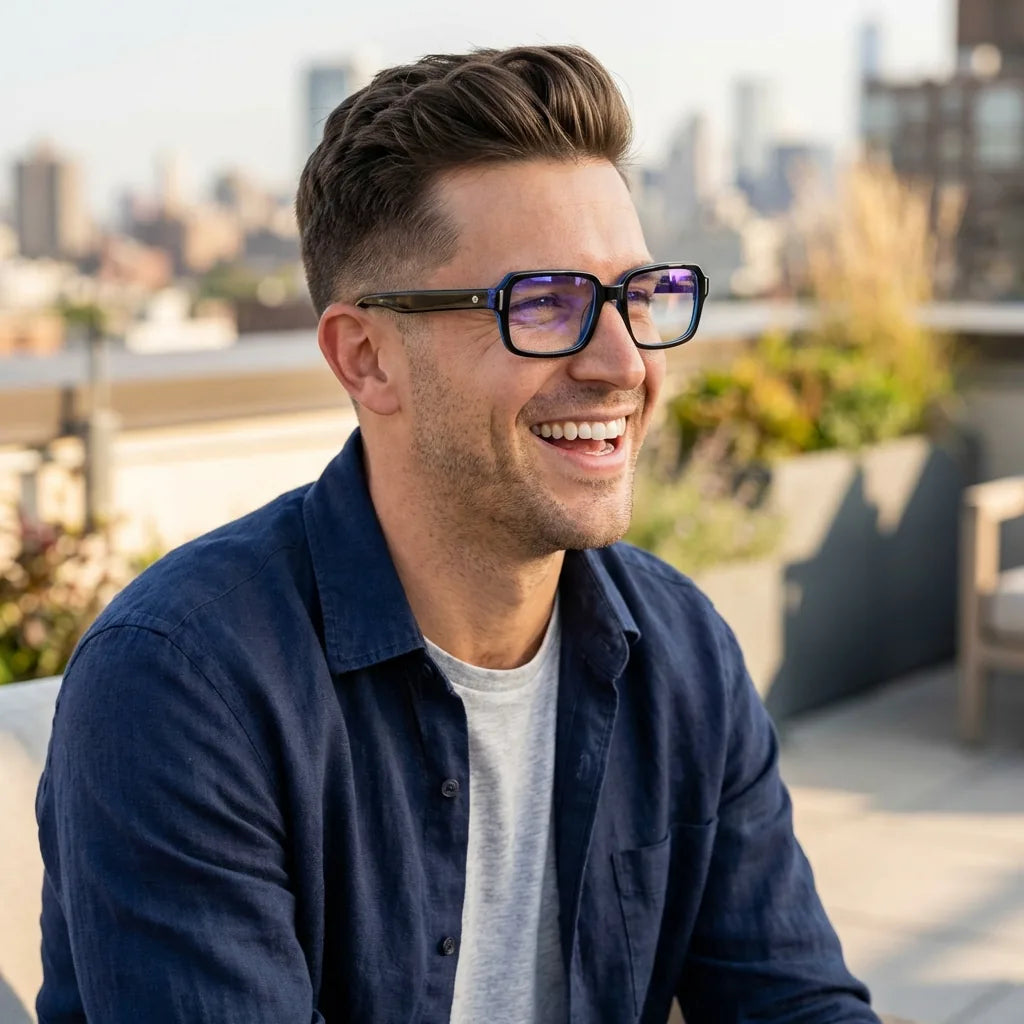 Lentes ópticos London Acetate Azul mujer en terraza con vista panorámica Bonoboss #editorial_lifestyle3 #color_azul
