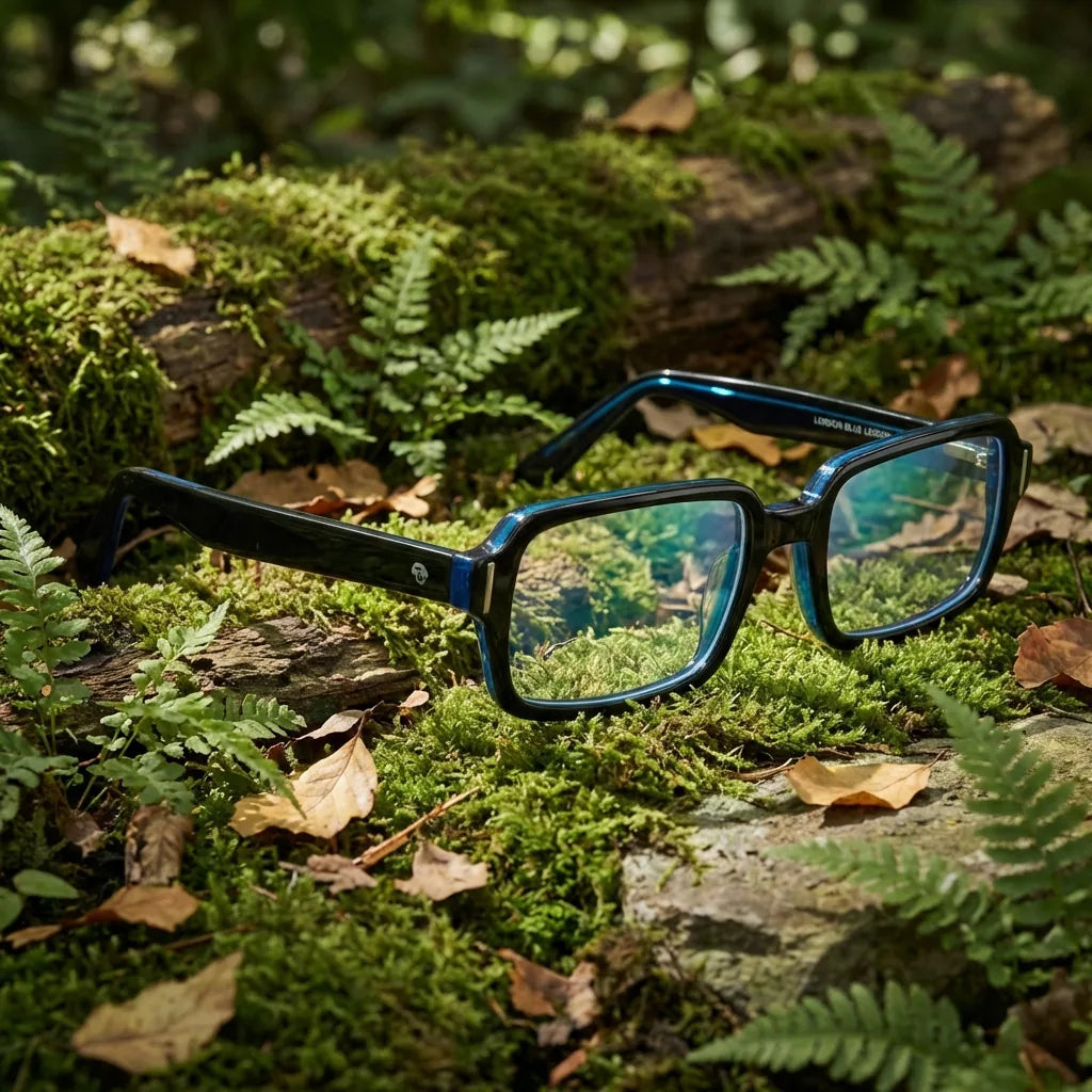 Lentes ópticos London Acetate Azul en bosque verde natural diseño sustentable Bonoboss #editorial_sustentabilidad #color_azul