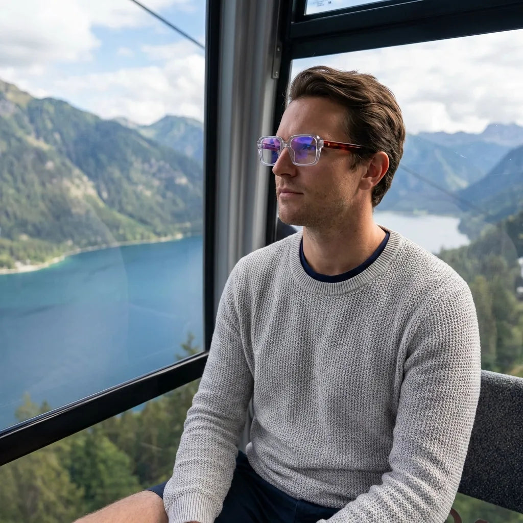 Lentes ópticos London Acetate Crystal Carey modelo en teleférico con vista a lago Bonoboss #editorial_lifestyle2 #color_crystal-carey