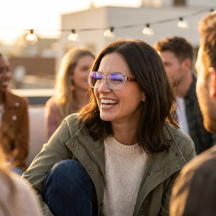 Lentes ópticos London Acetate Crystal Carey modelo en contexto social urbano profesional Bonoboss #editorial_lifestyle3 #color_crystal-carey