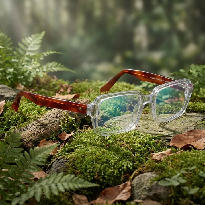 Lentes ópticos London Acetate Crystal Carey en bosque verde natural diseño sustentable Bonoboss #editorial_sustentabilidad #color_crystal-carey
