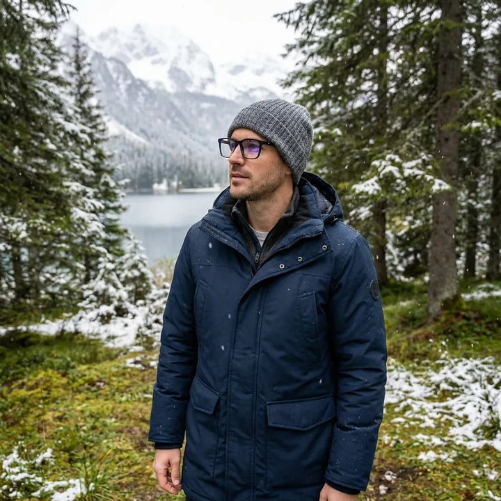 Lentes ópticos Maite Negro modelo con gorro en bosque nevado invernal Bonoboss #editorial_lifestyle1 #color_negro