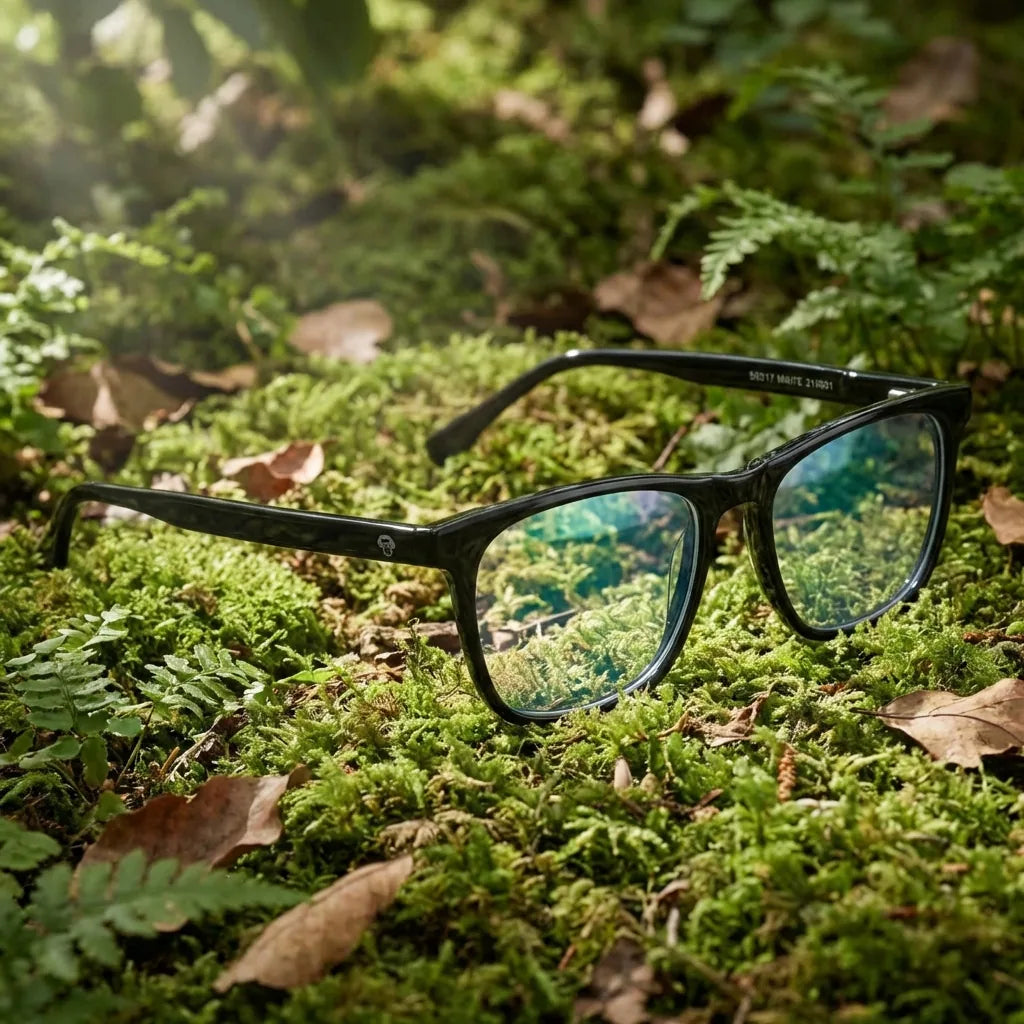 Lentes ópticos Maite Negro en bosque verde natural diseño sustentable Bonoboss #editorial_sustentabilidad #color_negro