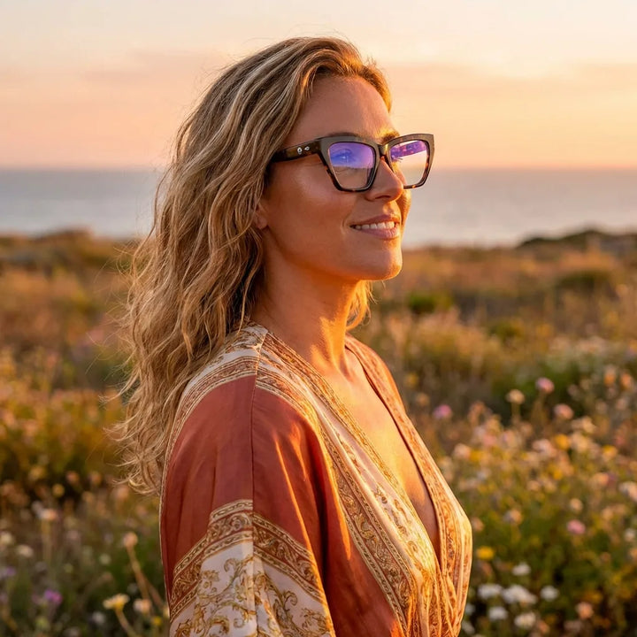 Lentes ópticos Martina Carey mujer en luz dorada golden hour elegante Bonoboss #editorial_lifestyle2 #color_carey