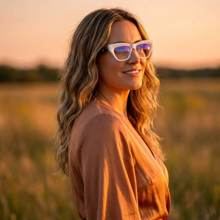 Lentes ópticos Minerva Blanco mujer en luz dorada golden hour elegante Bonoboss #editorial_lifestyle2 #color_blanco