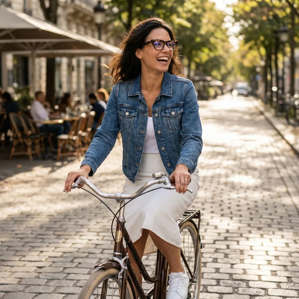 Lentes ópticos Minerva Carey mujer en bicicleta vintage café urbano Bonoboss #editorial_lifestyle2 #color_carey