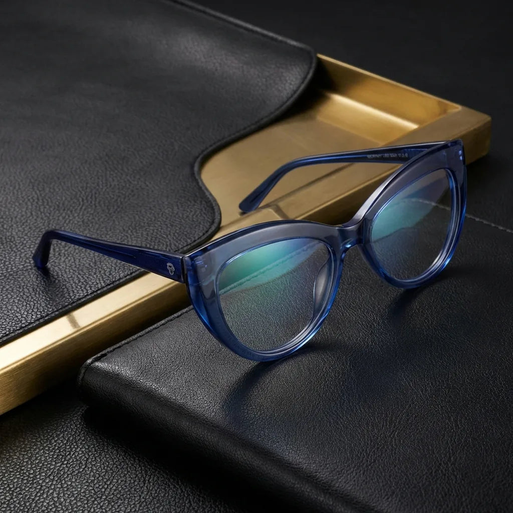 Lentes ópticos Montgat Azul sobre cuero negro con detalle brass dorado calidad premium receta Bonoboss #editorial_banner_confianza #color_azul