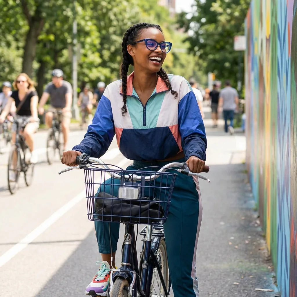 Lentes ópticos Montgat Azul mujer ciclista urbana estilo café Bonoboss #editorial_lifestyle4 #color_azul