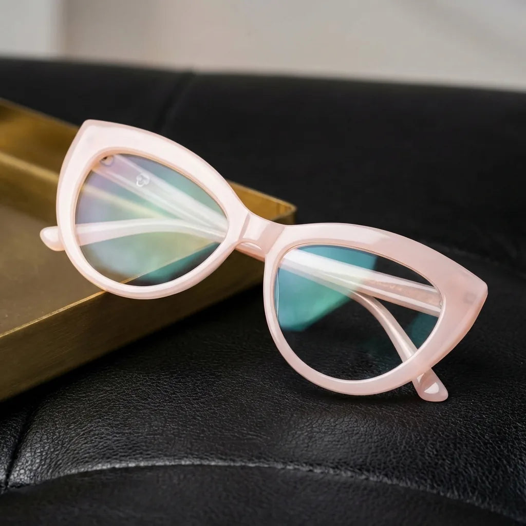 Lentes ópticos Montgat Pink sobre cuero negro con detalle brass dorado calidad premium receta Bonoboss #editorial_banner_confianza #color_pink