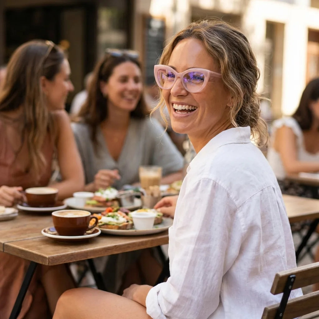 Lentes ópticos Montgat Pink mujer en café con amigas ambiente social Bonoboss #editorial_lifestyle1 #color_pink