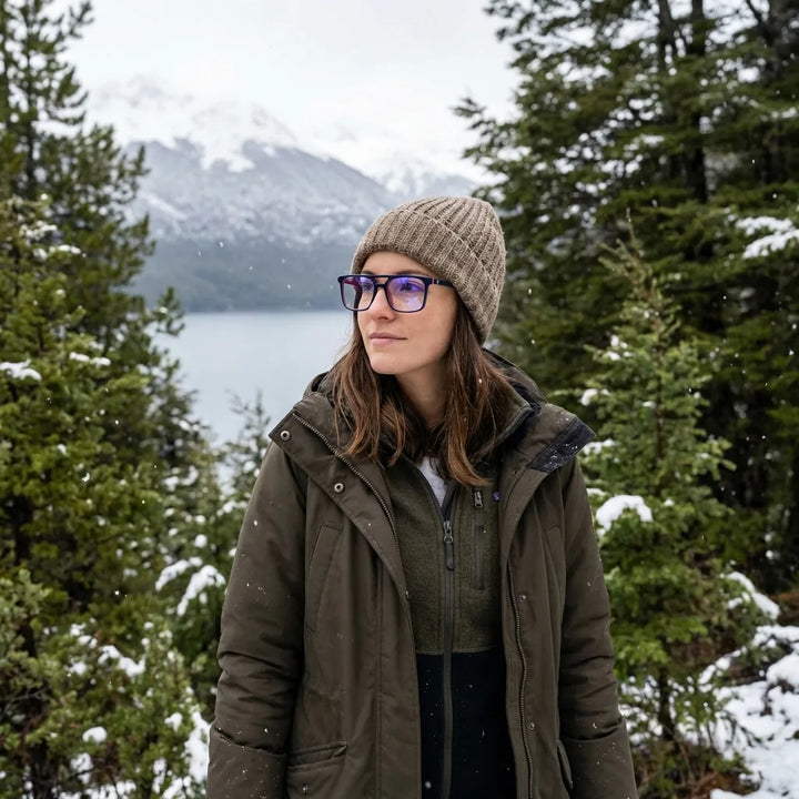 Lentes ópticos Nehuen Opticos Azul modelo con gorro en bosque nevado invernal Bonoboss #editorial_lifestyle1 #color_azul