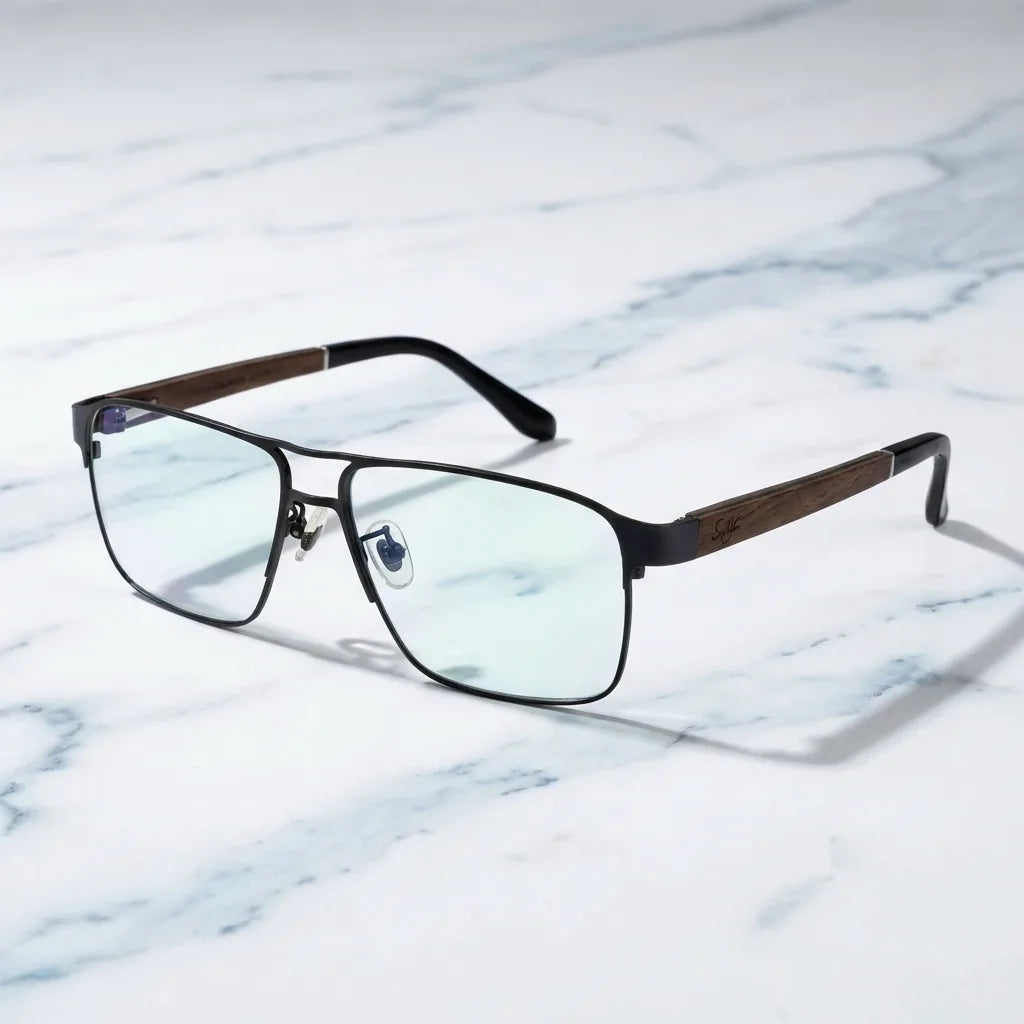 Lentes ópticos Neruda Negro sobre mármol blanco elegante armazón premium Bonoboss #editorial_armazon #color_negro